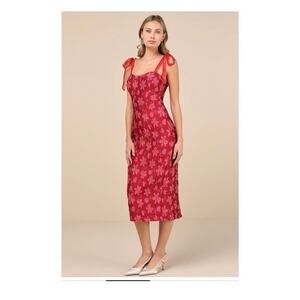 Lulus lovely darling magenta floral jacquard tie strap midi dress medium NWT